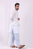 Set of 3: White Cotton kurta and Blue Striped Pajama  with Blue Hand Block Printed Floral Nehru Jacket