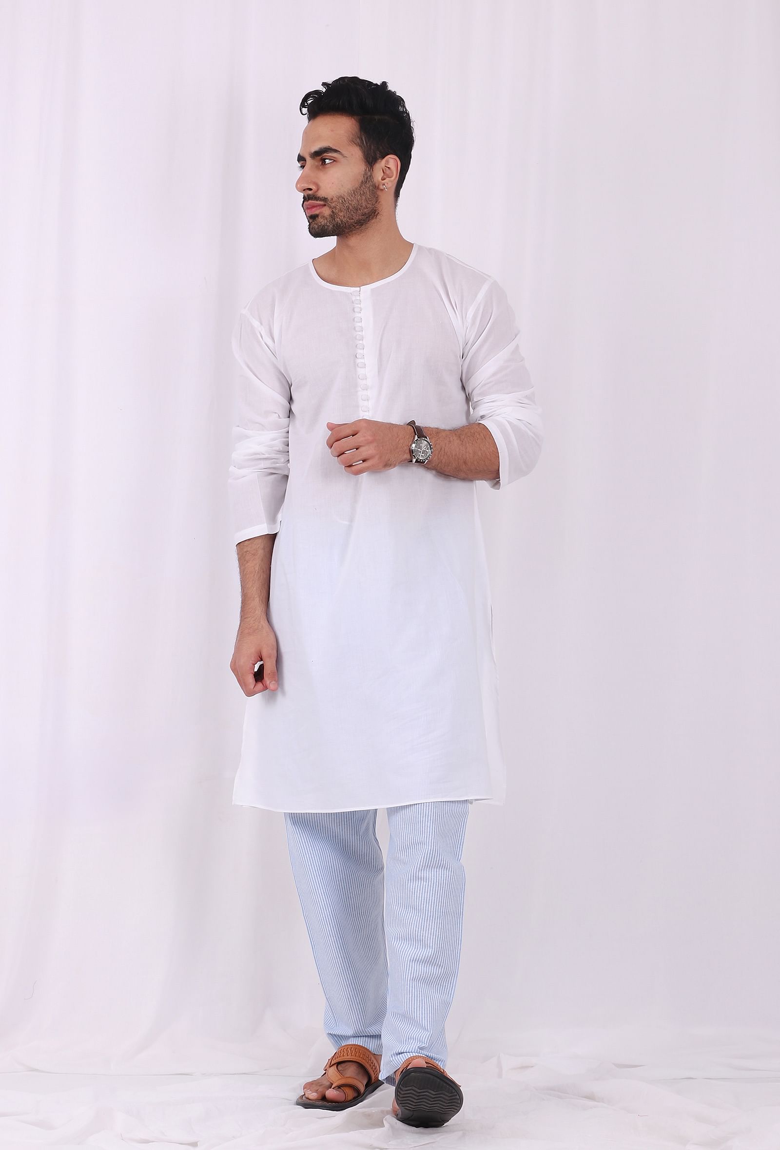 Set of 2: White Cotton kurta with Blue Striped Pajama