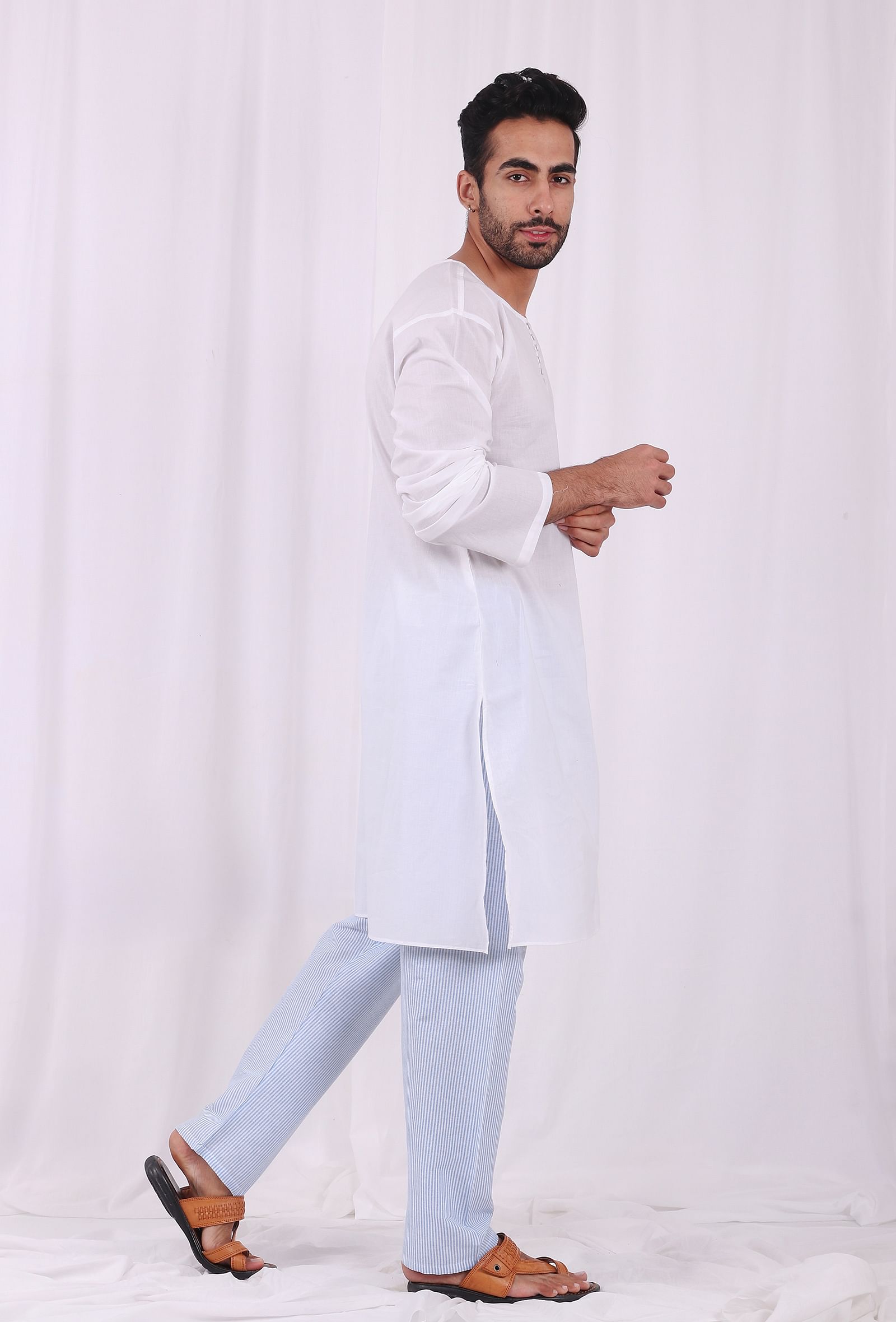 Set of 2: White Cotton kurta with Blue Striped Pajama