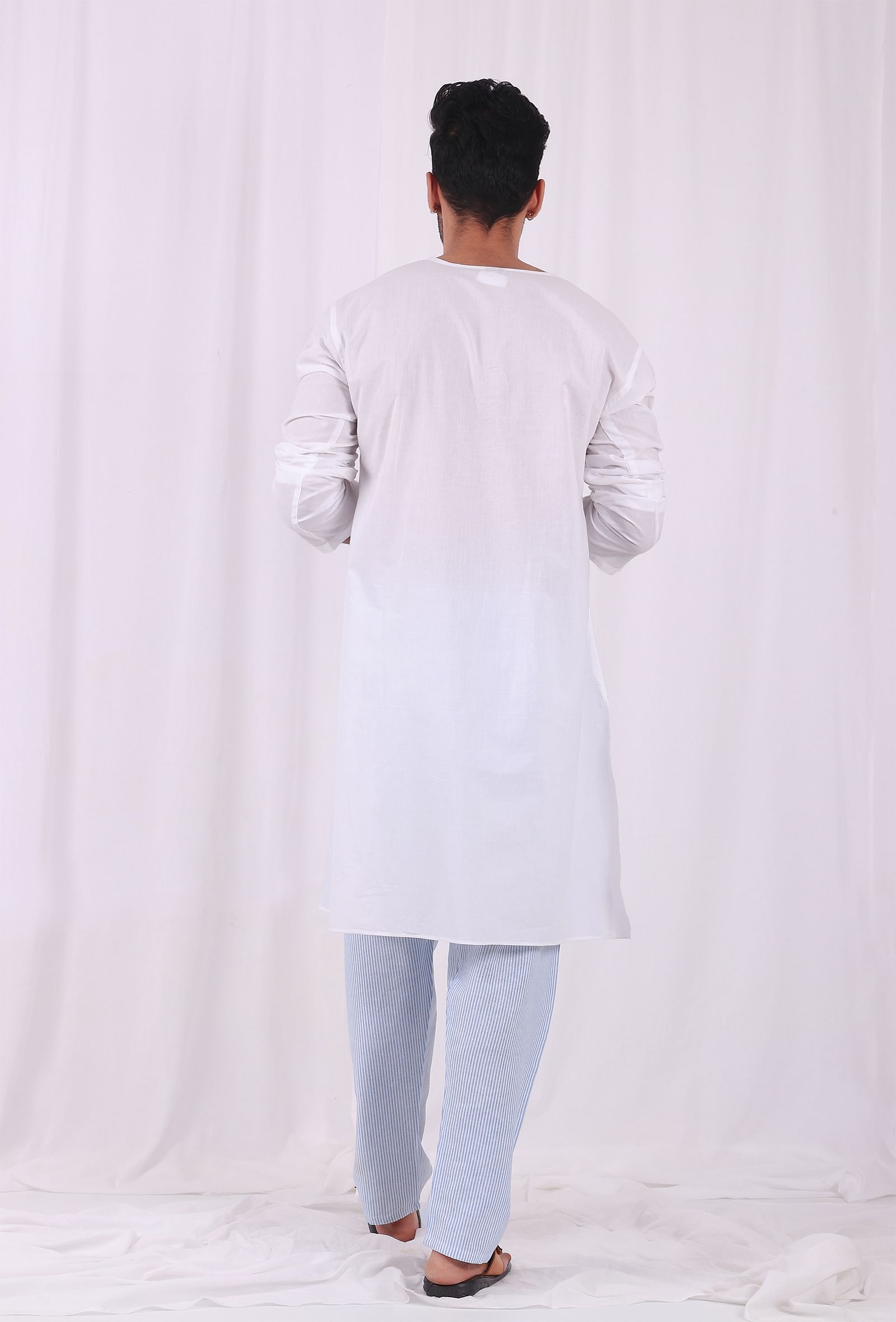 Set of 2: White Cotton kurta with Blue Striped Pajama