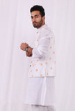 White and Orange Floral Hand Block Nehru Jacket