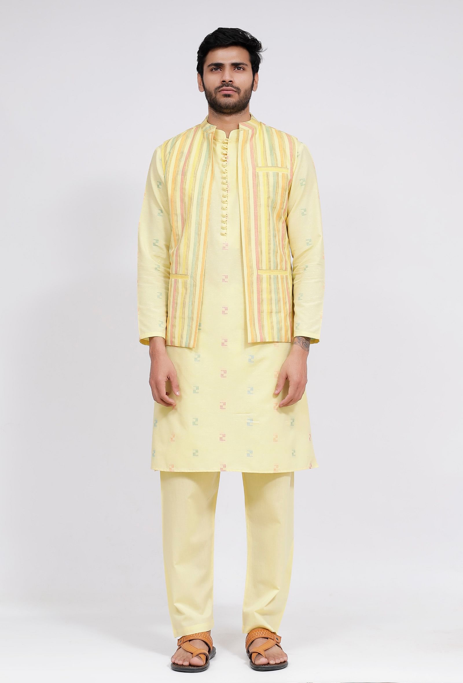 Set of 3: Yellow Stripe Nehru Jacket With Yellow Dobby Button Down Kurta and Pajama