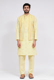 Set of 3: Yellow Stripe Nehru Jacket With Yellow Dobby Button Down Kurta and Pajama