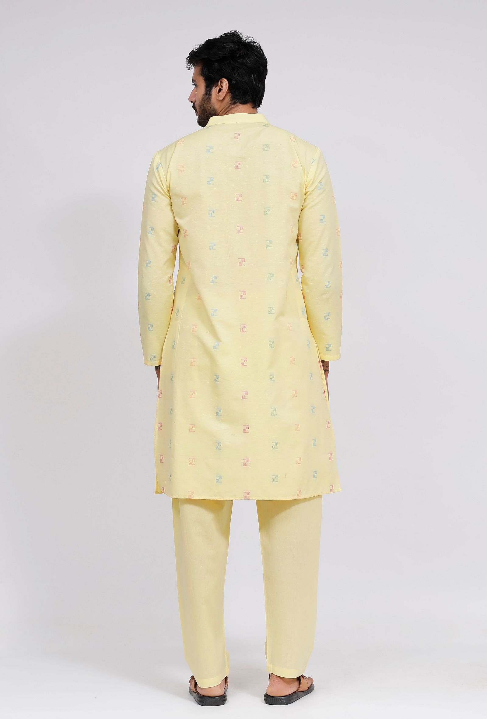 Set of 2: Yellow Dobby Button Down Kurta and Pajama