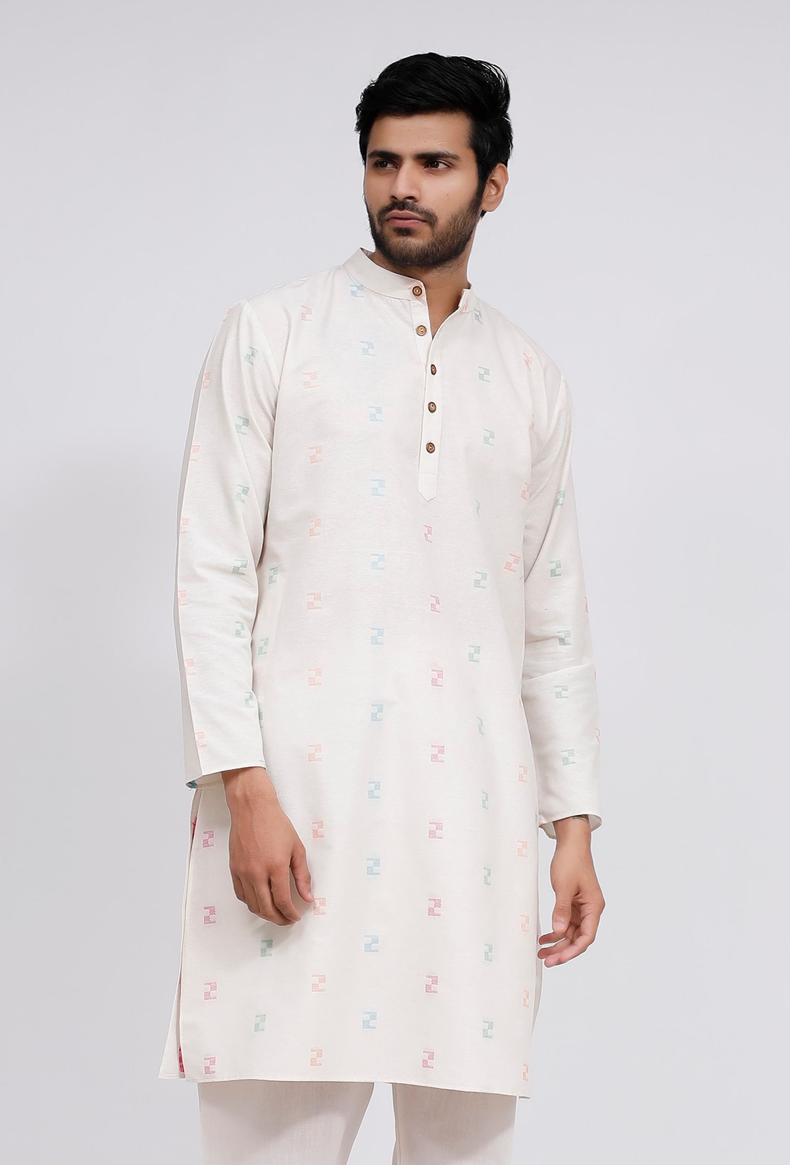 White Dobby Button Down Kurta