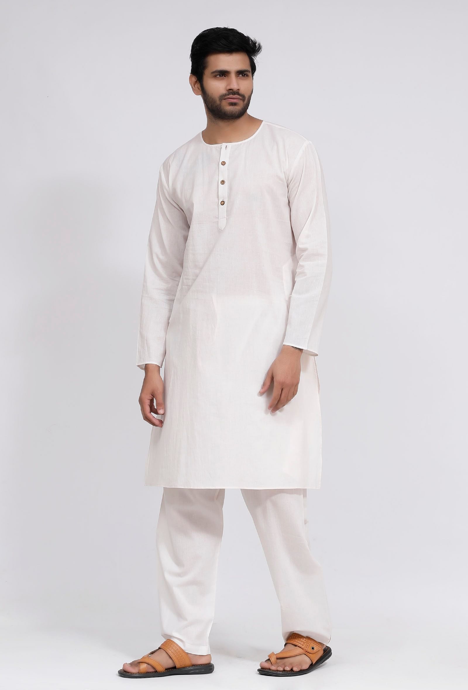 Set of 2: White Plain Cotton Button Down Kurta and Pajama