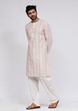 Set of 2: White Stripe Button Down Kurta and White Pajama
