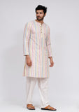 Set of 2: White Stripe Button Down Kurta and White Pajama