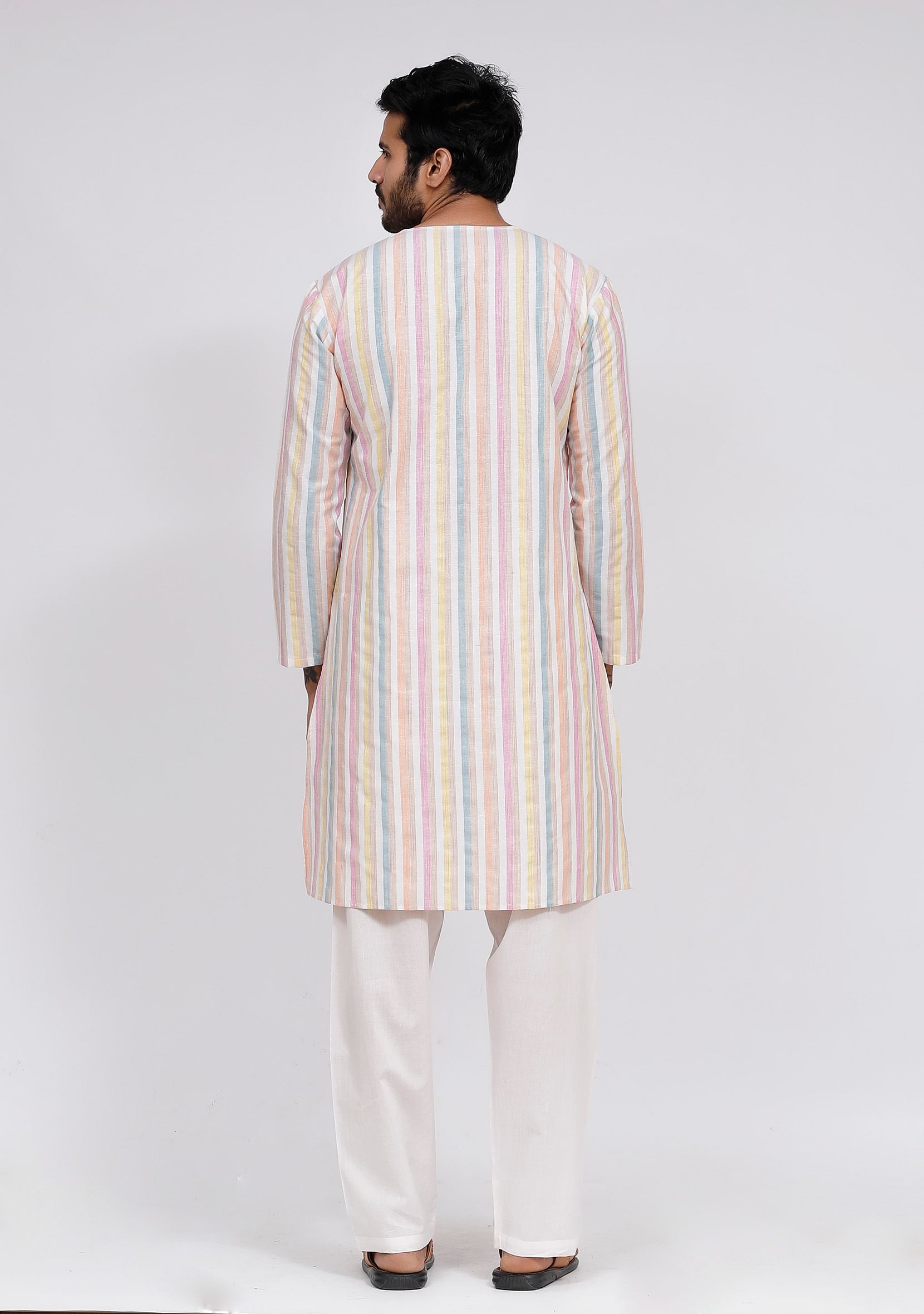 Set of 2: White Stripe Button Down Kurta and White Pajama