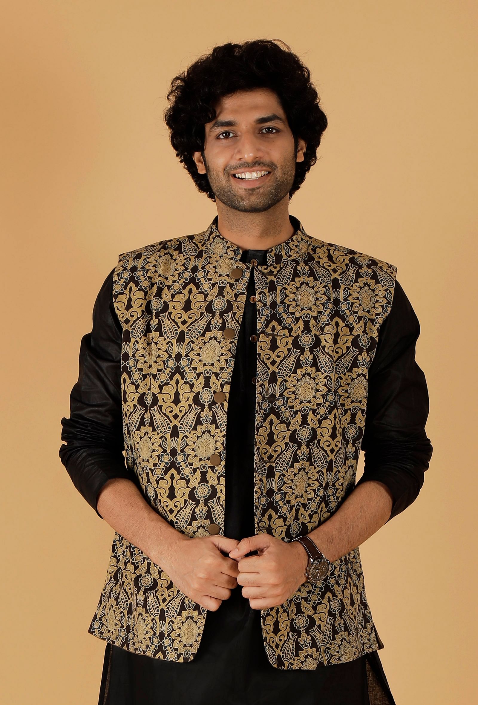 Olive Green Ajrakh Print Cotton Sleeveless Nehru Jacket