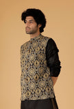 Olive Green Ajrakh Print Cotton Sleeveless Nehru Jacket