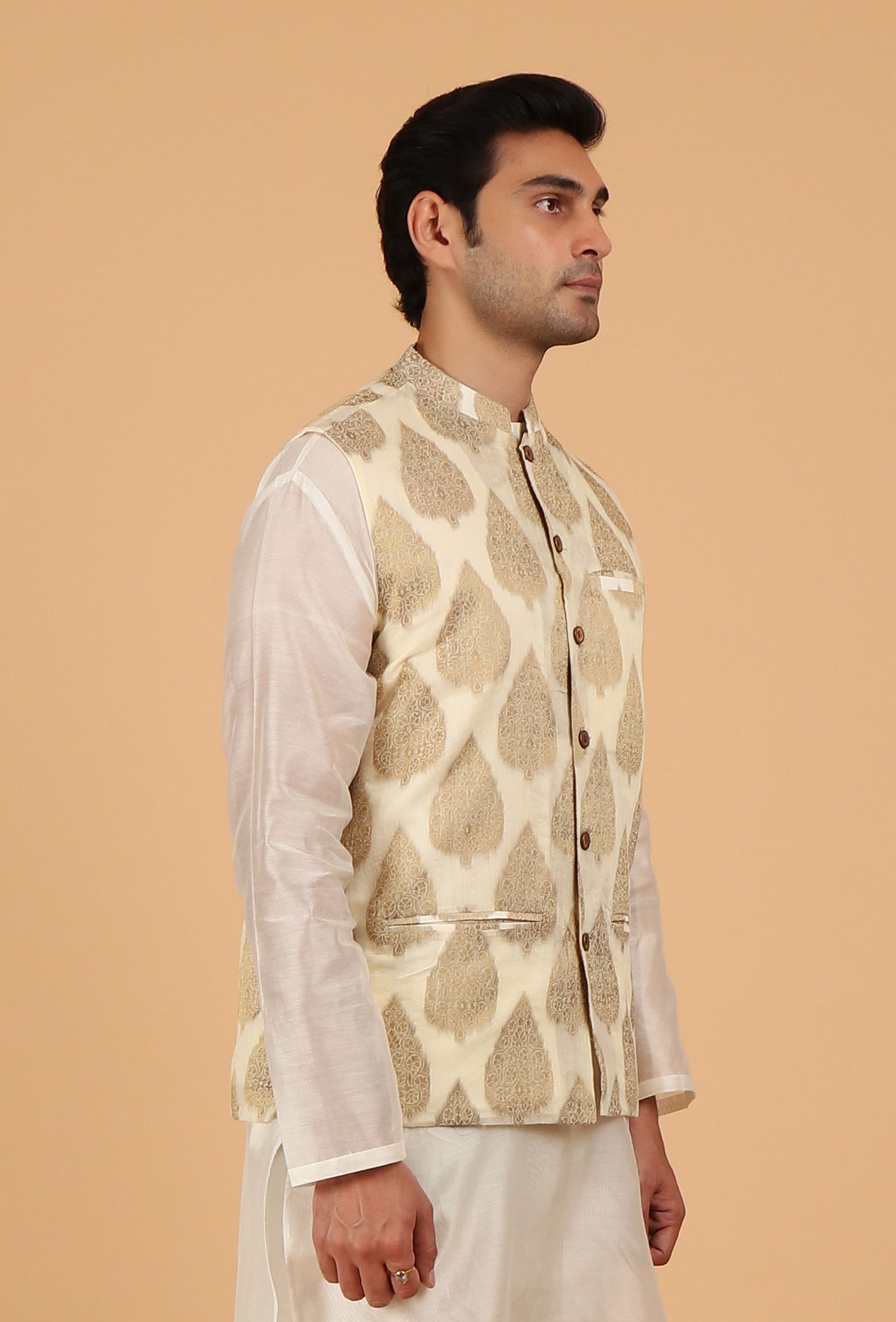 Cream Brocade Sleeveless Nehru Jacket