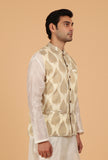 Cream Brocade Sleeveless Nehru Jacket