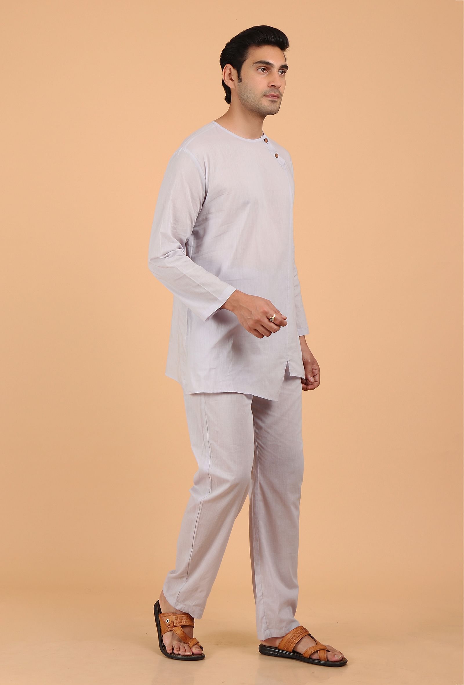 Grey Cotton Mulmul Short Kurta and Pant