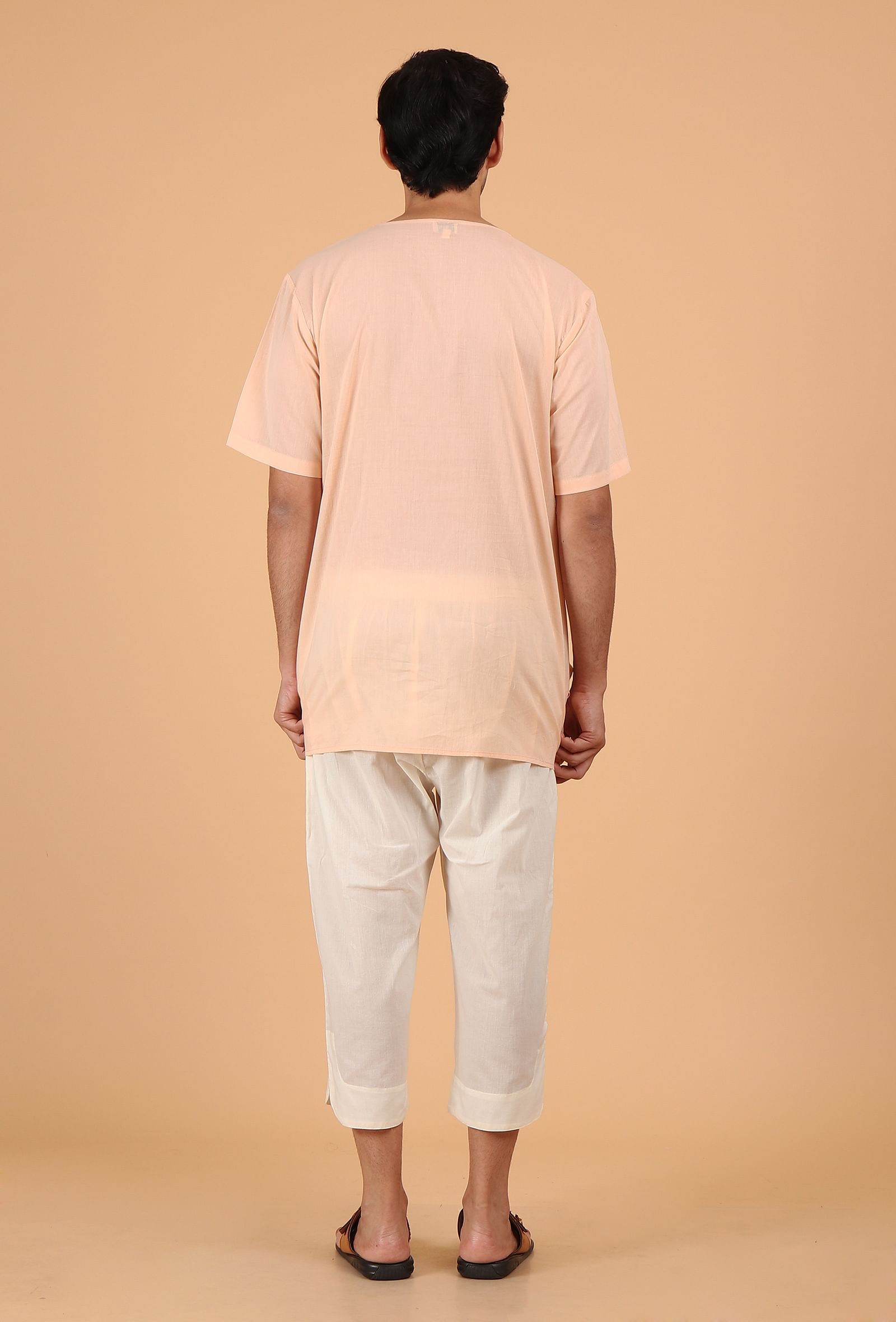 Peach Cotton Mulmul Short Kurta & White Three Quarter Pant