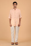Peach Cotton Mulmul Button Down Short Kurta & White Pant
