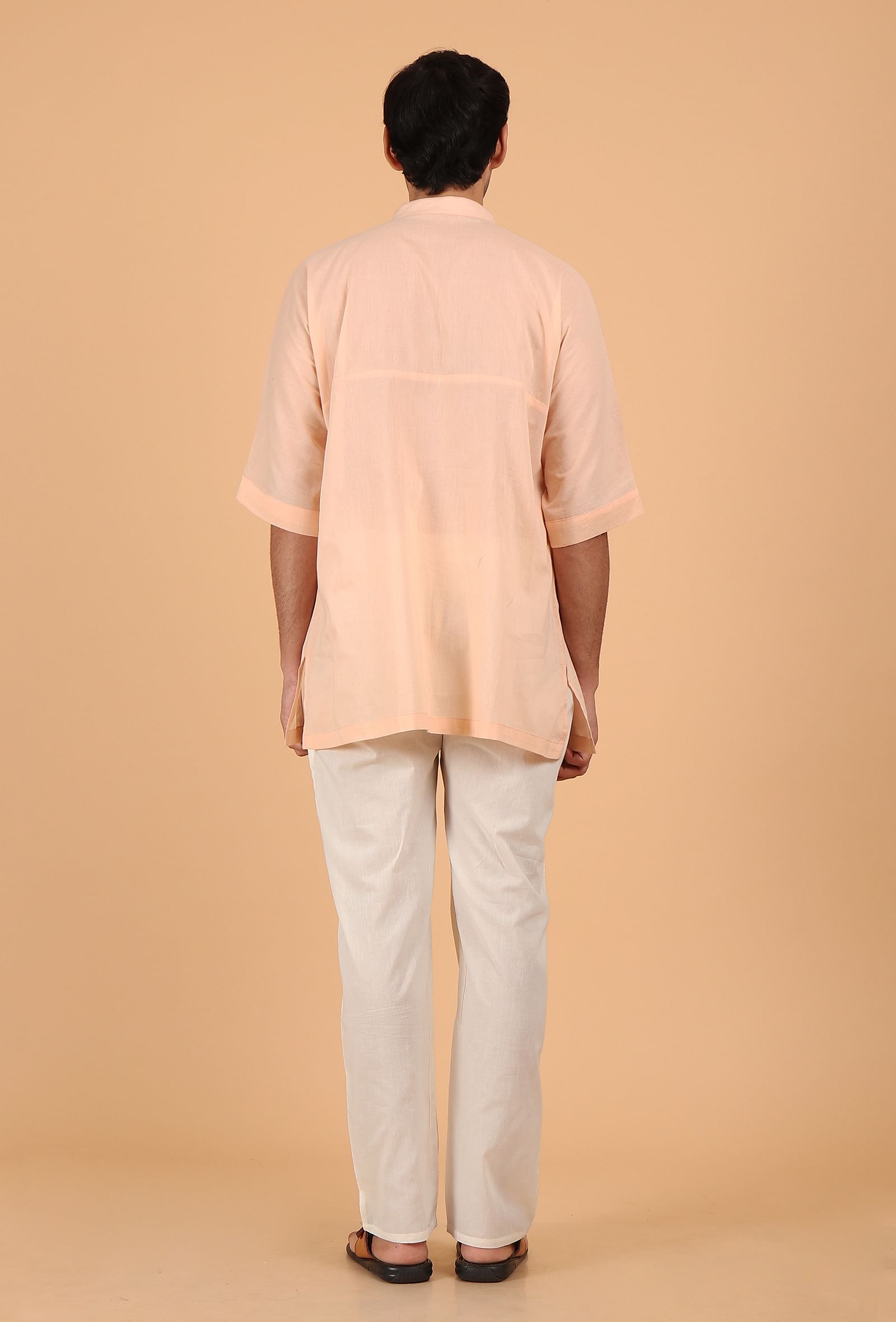 Peach Cotton Mulmul Button Down Short Kurta & White Pant