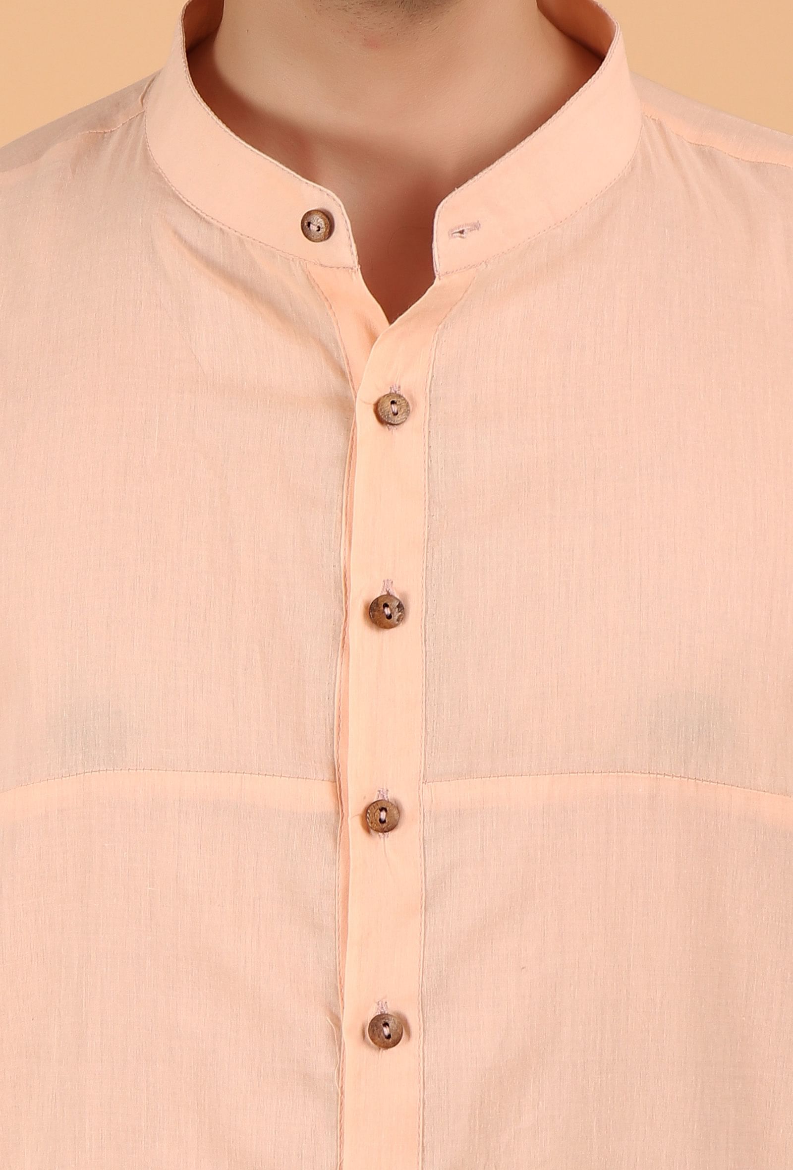 Peach Cotton Mulmul Button Down Short Kurta & White Pant