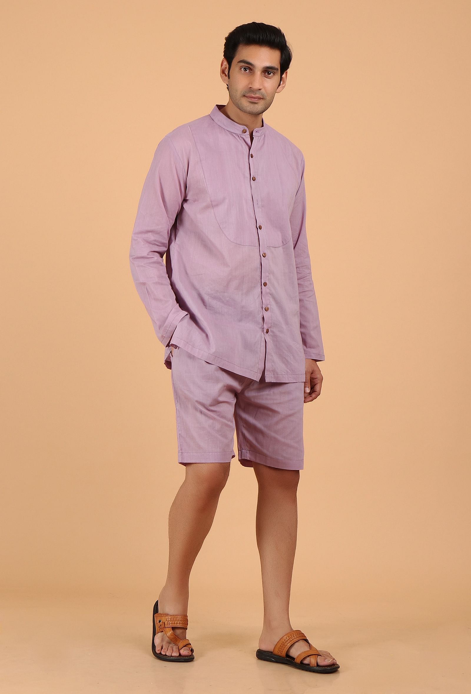 Mauve Cotton Mulmul Short Kurta & Capri Pant