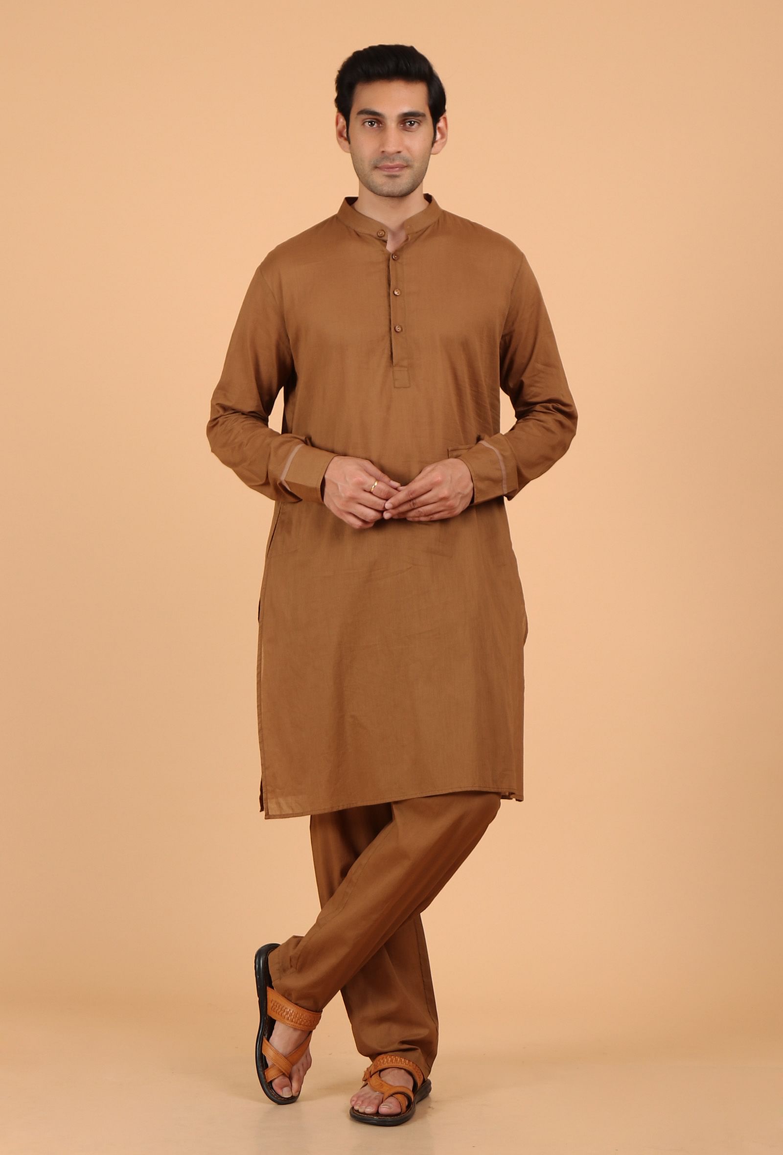 Tan Brown Cotton Mulmul Mid-Length Kurta & Pant