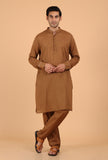 Tan Brown Cotton Mulmul Mid-Length Kurta & Pant