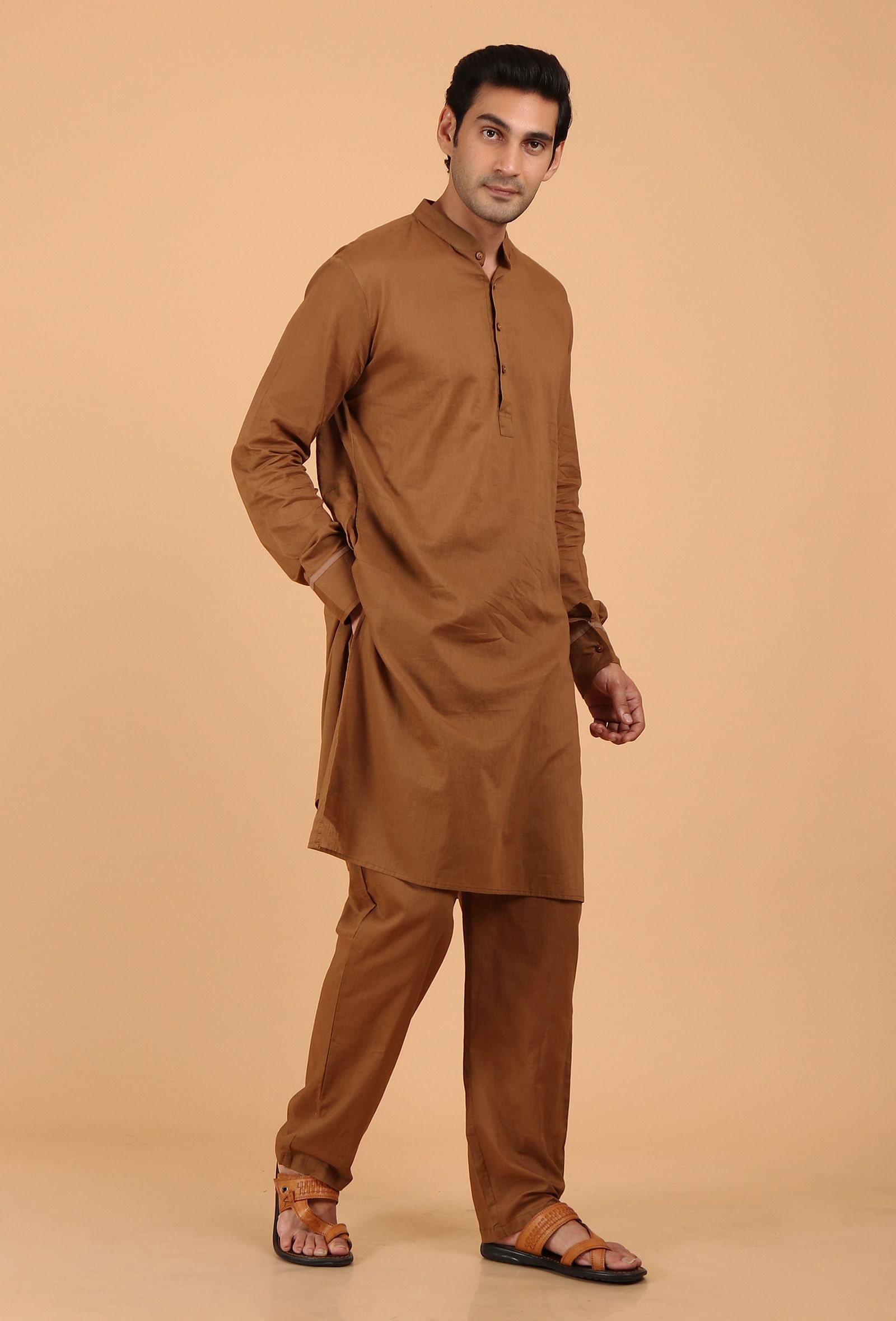 Tan Brown Cotton Mulmul Mid-Length Kurta & Pant