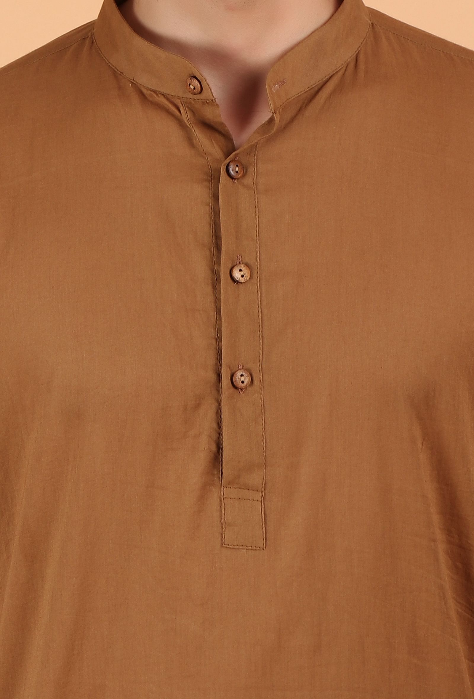 Tan Brown Cotton Mulmul Mid-Length Kurta & Pant