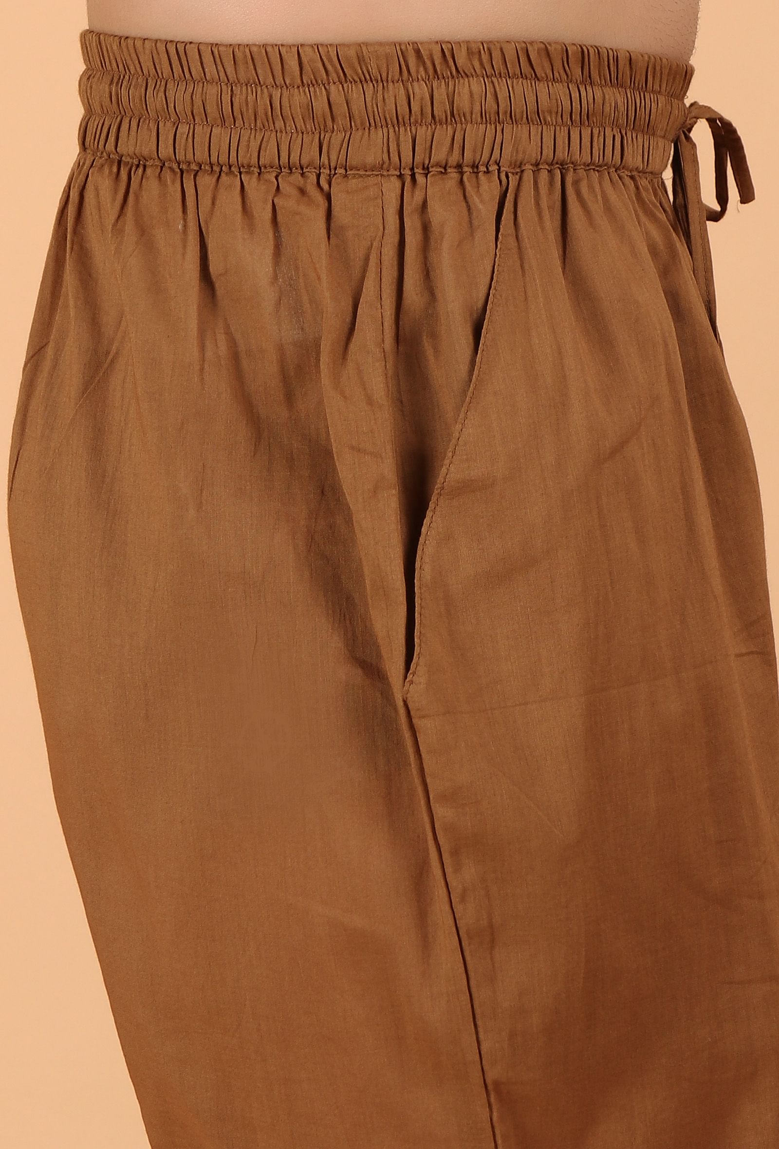 Tan Brown Cotton Mulmul Mid-Length Kurta & Pant