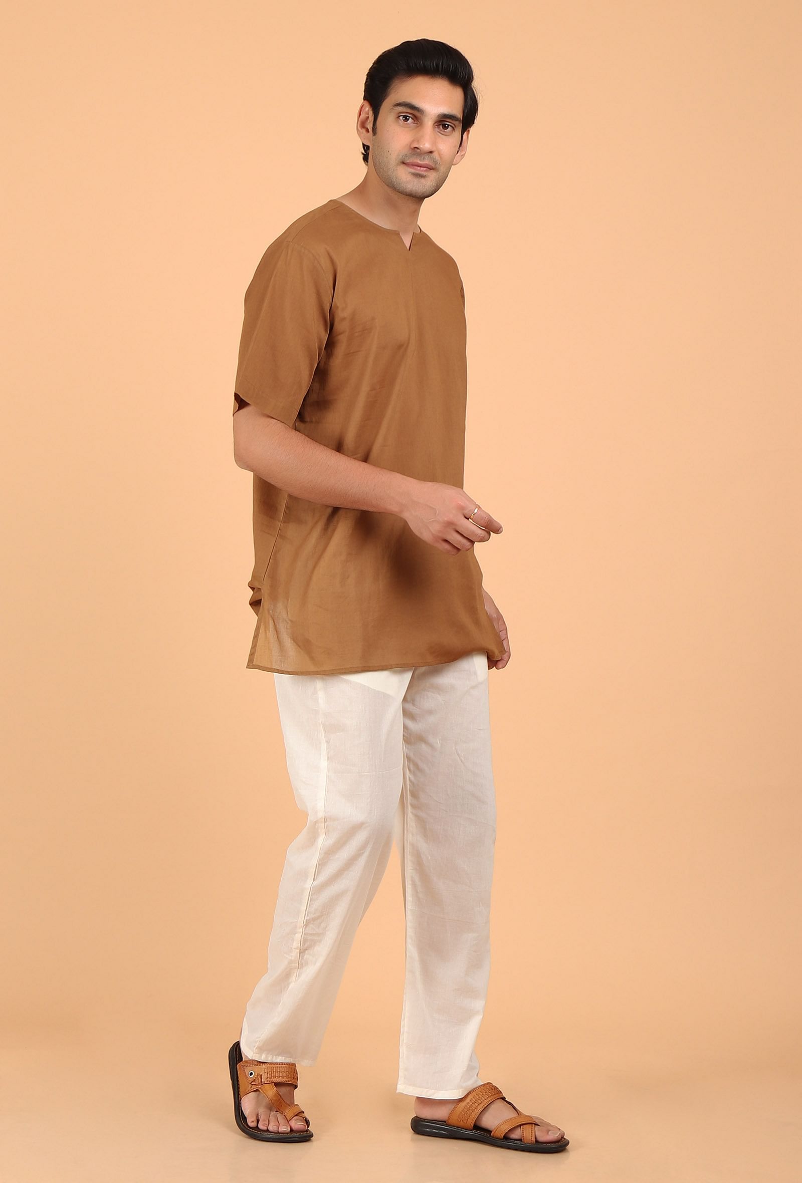 Tan Brown Cotton Mulmul Short Kurta & White Pant