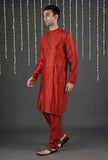 Set Of 2- Udarsh Apple Red Chanderi Kurta & Straight Pants