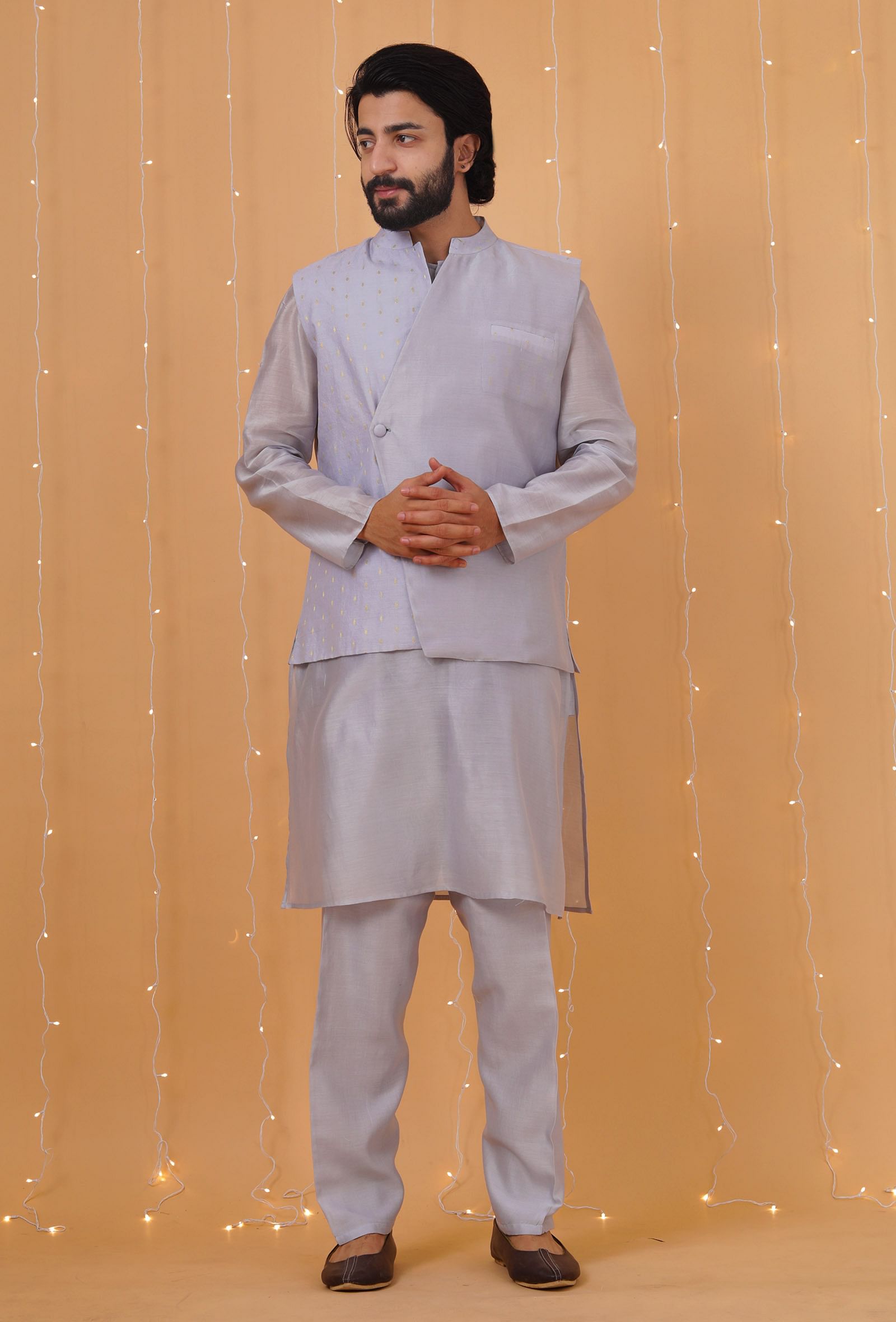 Set Of 3: Ice Blue Chanderi Kurta, Pajama & Overlapped Nehru Jacket