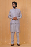 Set Of 3: Ice Blue Chanderi Kurta, Pajama & Overlapped Nehru Jacket