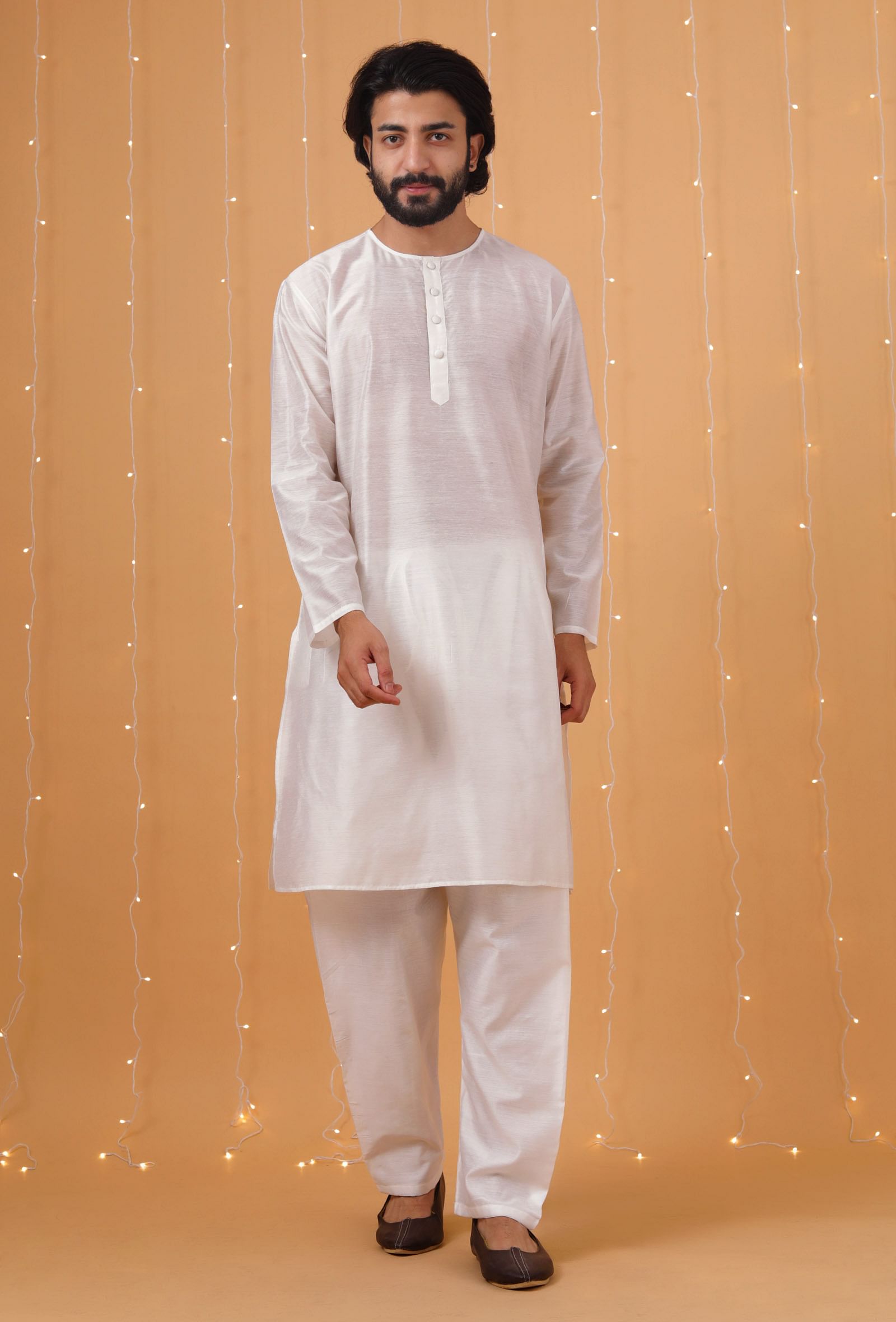 Set Of 3: Yellow Checkered Chanderi Nehru Jacket, Ivory White Kurta & Pajama