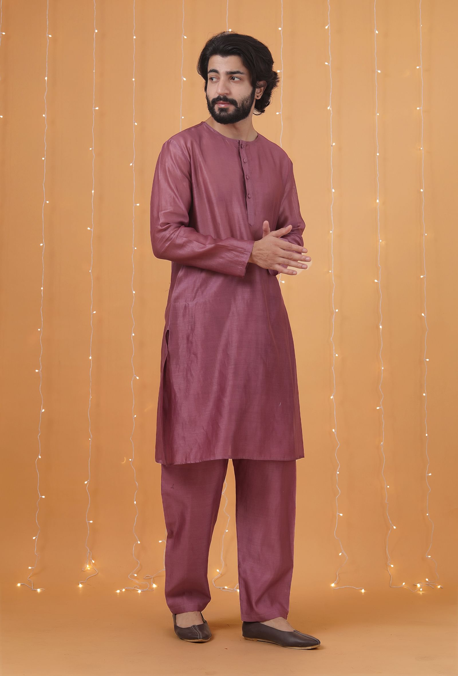 Set Of 2: Grape Chanderi Kurta & Pajama