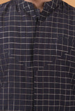 Set Of 3: Space Blue Checkered Chanderi Nehru Jacket, Black Kurta & Pajama