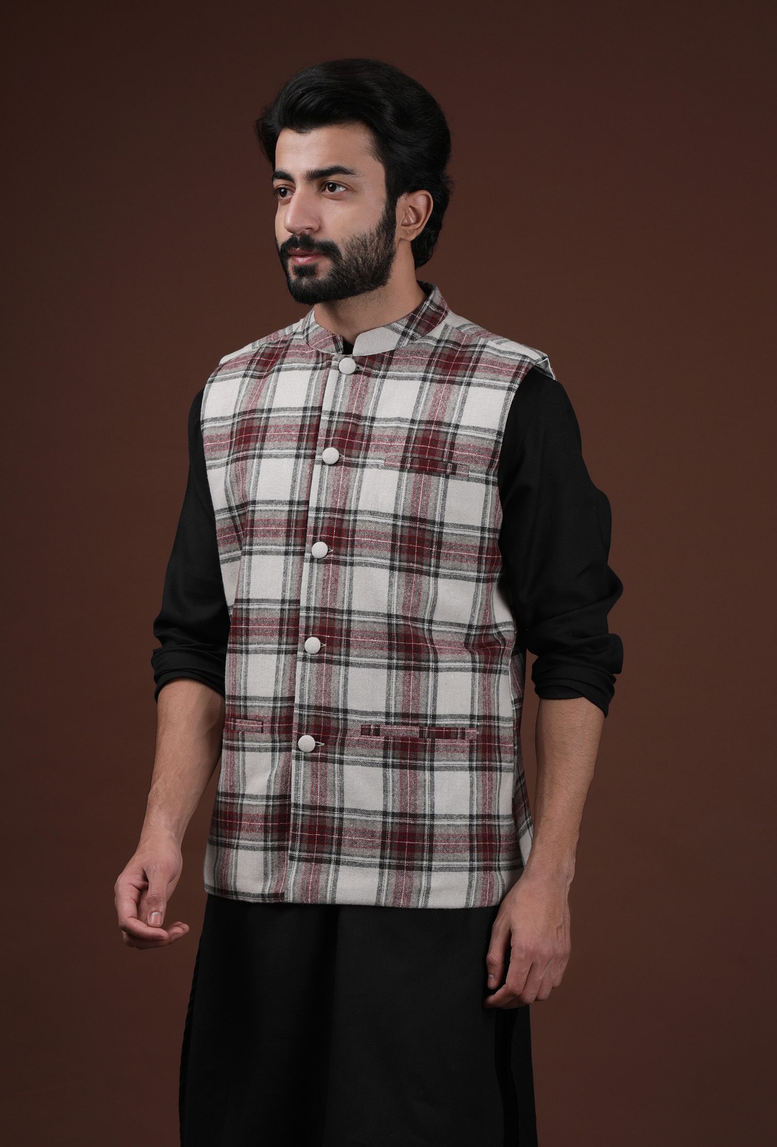 White Woven Tartan Checks Woolen Nehru Jacket With Pockets