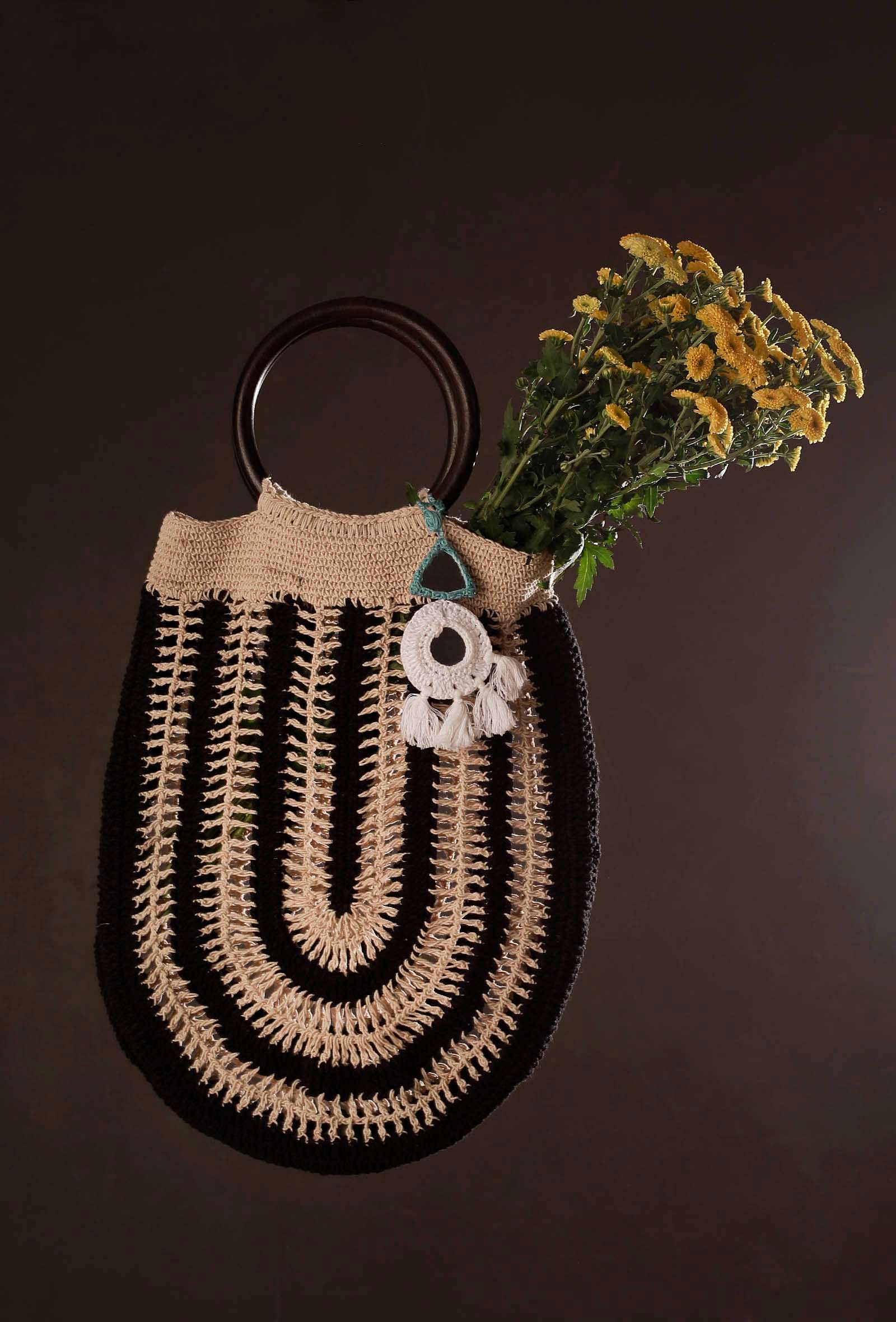 Black and White Crochet Tote Bag