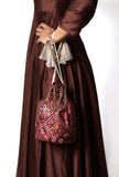Geetika Maroon & Multi Silk Patola Print Potli With Tassels