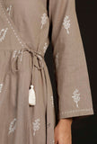 Okra Beige Block printed Angrakha Cotton Dress