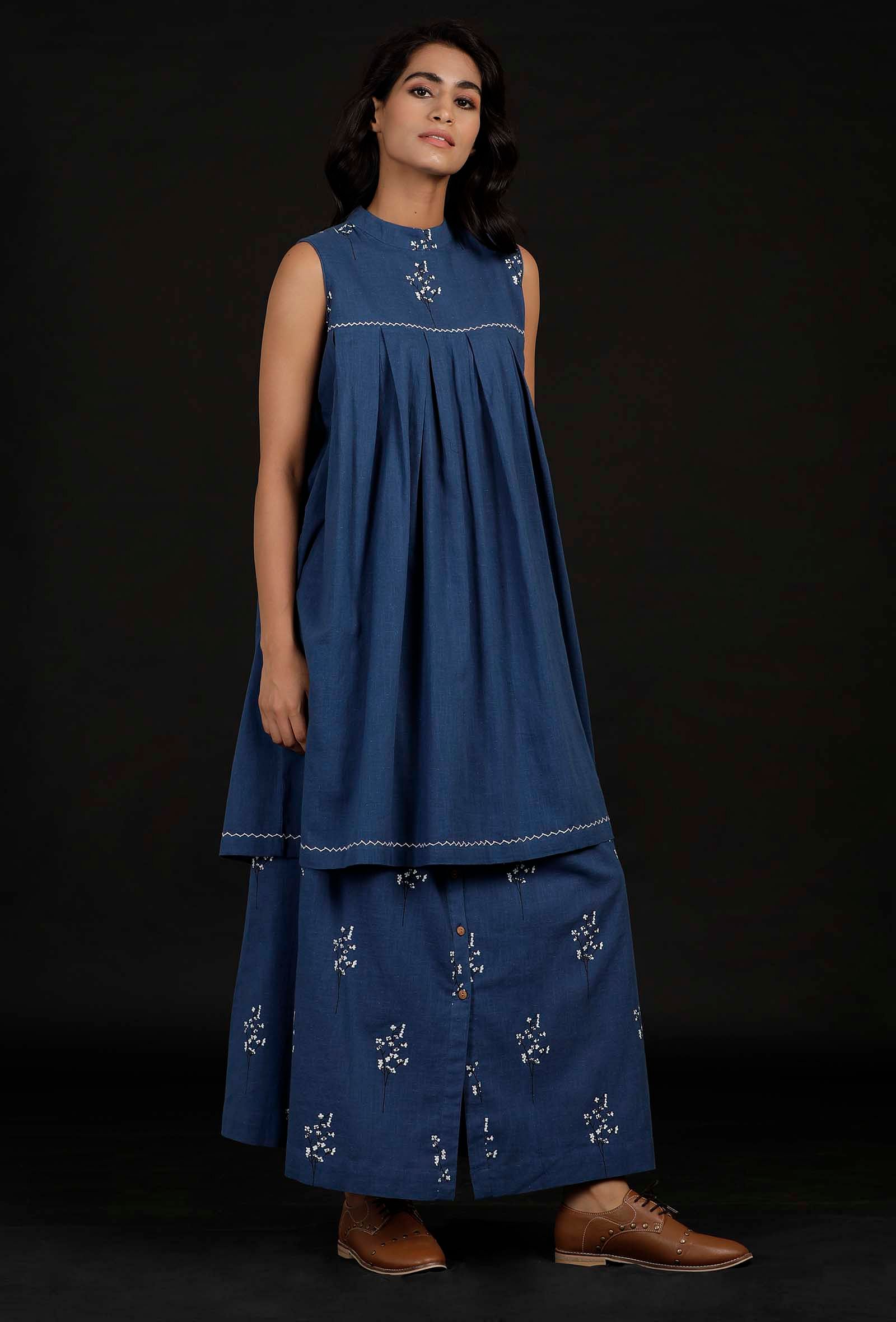 Prussian Blue Hand Detailed Kurta