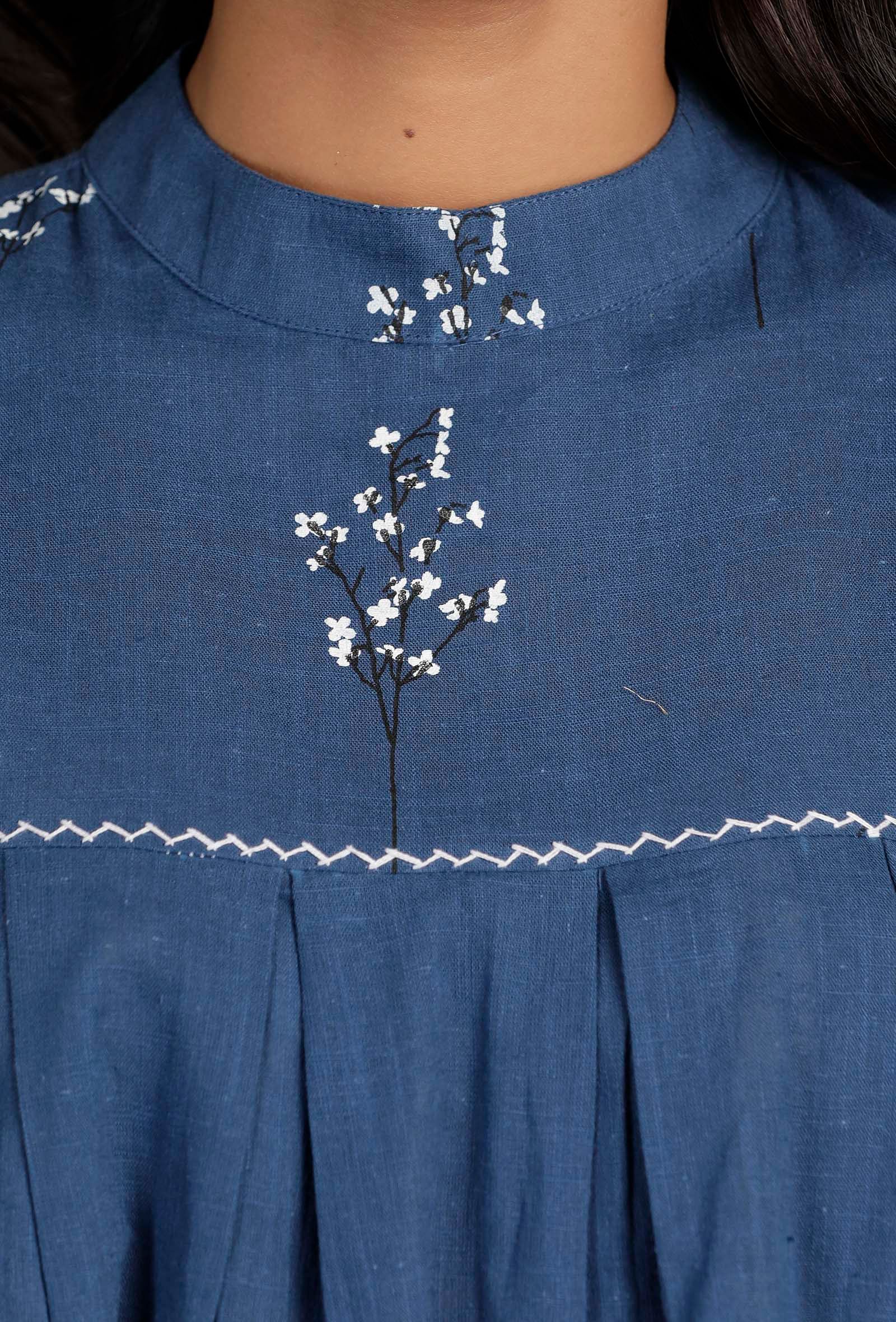 Prussian Blue Hand Detailed Kurta