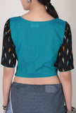Turquoise Blouse With Black Ikat Patchwork Blouse