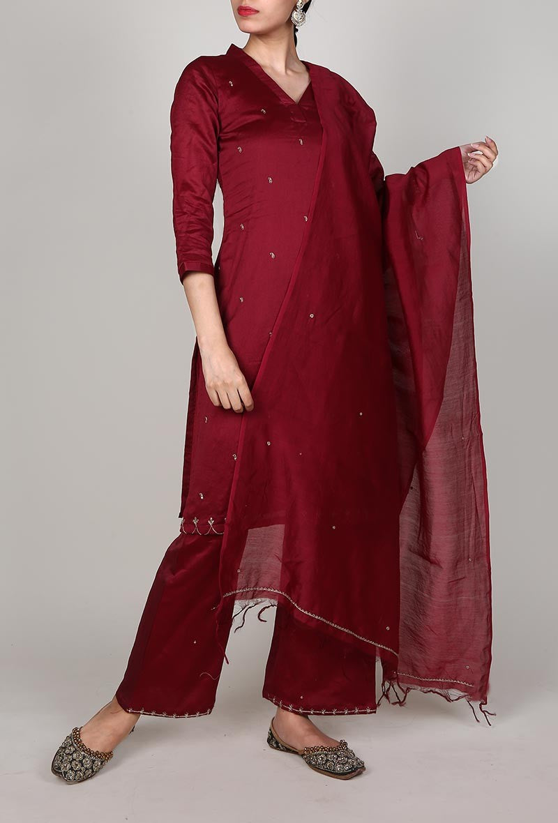 Set of 3 - Cherry Red Chanderi Kurta And Palazzo Set With Dupatta
