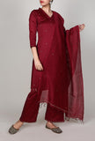 Set of 3 - Cherry Red Chanderi Kurta And Palazzo Set With Dupatta