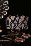 Deep Blue Brocade Box Clutchwith Sling (8 X 2 X 4.5)