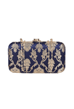 Deep Blue Brocade Box Clutchwith Sling (8 X 2 X 4.5)