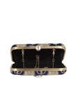 Deep Blue Brocade Box Clutchwith Sling (8 X 2 X 4.5)