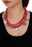 Red-Pink Threaded German Silver Necklace