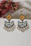 Yellow & White Handpainted Pearl Drop Earrings