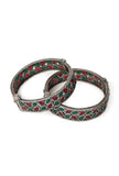 Oxidized Silver Bangle Set With Green & Red Stones